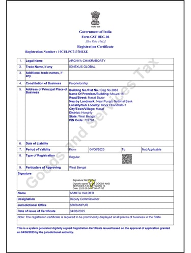 GST Registration Certificate of Ionexus Global for taxation and business operations in India