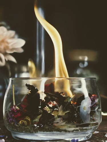 Image of a bowl filled with flowers and herbs on fire