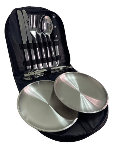 Portable stainless steel camping cutlery set with plates and tongs in a black zippered storage case.