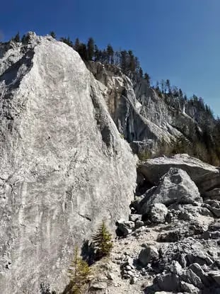 Massive Zwerchwand rockfall formation along the hiking trail in Bad Goisern