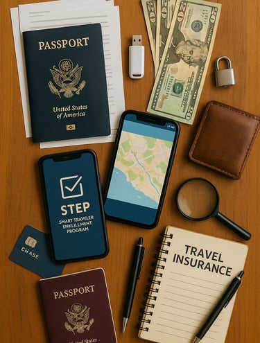 A photo-realistic flat lay of essential pre-trip safety items on a wooden surface. Includes a U.S. passport on top of printed