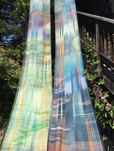 Handwoven by Isa Stead, had dyed warp, cotton, bamboo, silk, wool, saori inspired