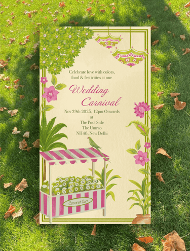 a wedding invitation card with a flower garden