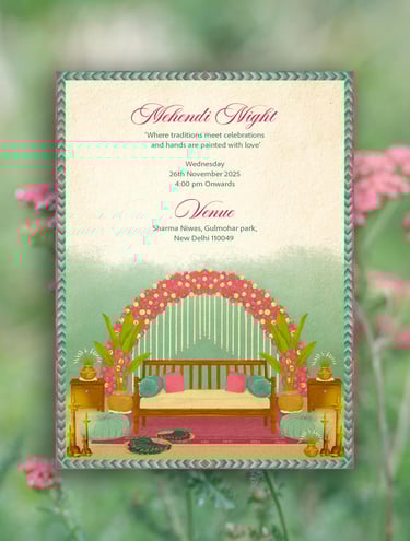 a wedding invitation card with a bench and flowers