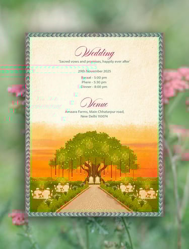 a wedding invitation card with a tree in the background