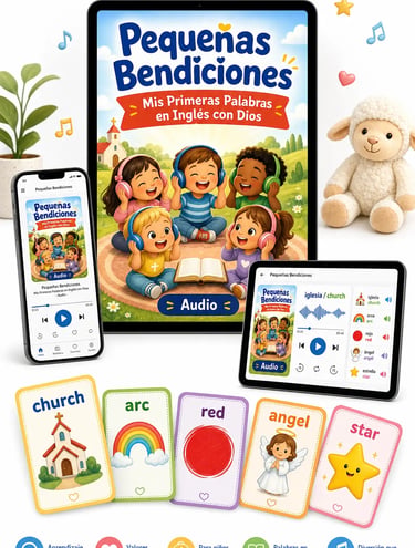 Children learning English vocabulary with Pequenas Bendiciones bilingual flashcards and mobile audio app.