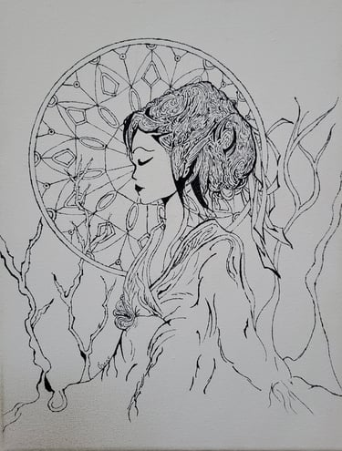 Dibujo a tinta de Óscar Ocaña Parrón que presenta a una dama oriental con un atrapasueños de fondo