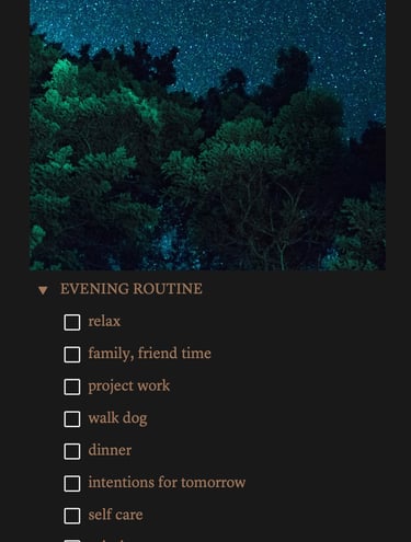 An evening routine checklist for self care.