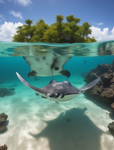White moth orchids and green bromeliad plants growing on a tropical tree trunk.
