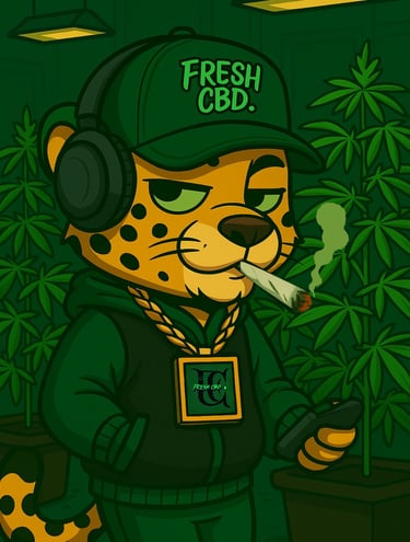  Ilustración de mascota Fresh CBD con planta de cannabis y cigarro