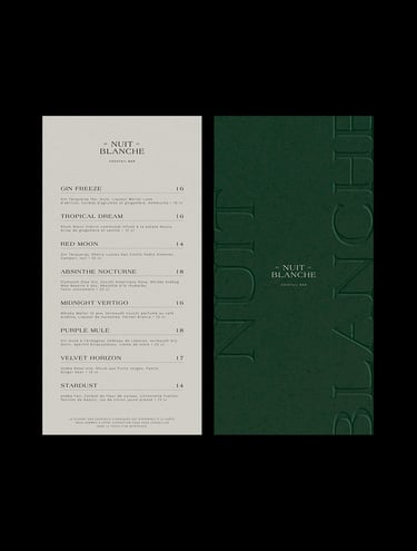 Nuit blanche restaurant bar à Paris, identité visuelle, déclinaison print, menu, invitation et flyer