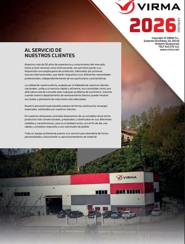 Catálogo 2026 de suministros industriales Virma con imagen de sus instalaciones logísticas.