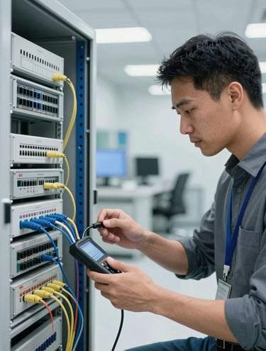 A professional network technician uses a handheld testing device to certify voice and data connections