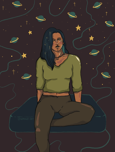 An illustration of an indigenous girl sitting on a cushion floating in space.