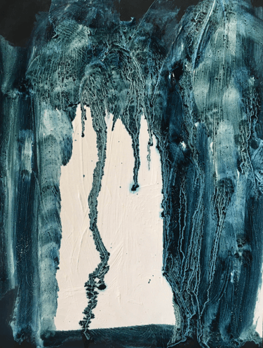 blue abstract brush marks on a textured white background