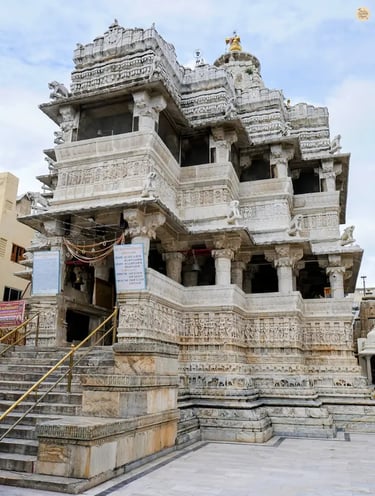 Front view of Jagdish Temple showing its towering shikhara and intricate sculpted façade.
