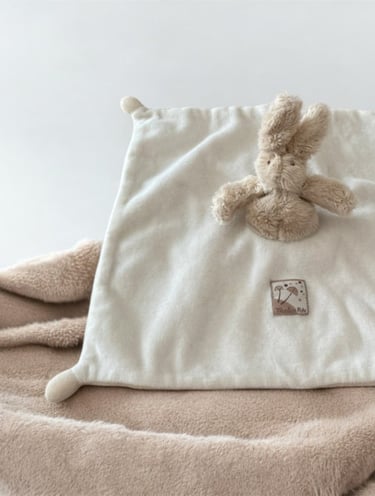 a stuffed animal is laying on a blanket