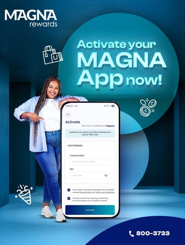 A woman pointing at a smartphone showing the Magna Rewards app activation screen for card registration.