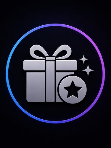 A silver 3D gift box icon with a star badge inside a neon blue and purple glowing circle.