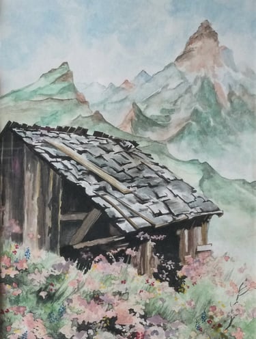 aquarelle refuge dans la montagne avec champ de fleurs