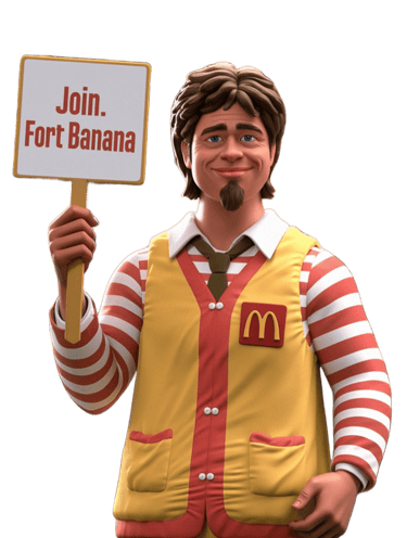 a man in a mcdonalds uniform holding a sign