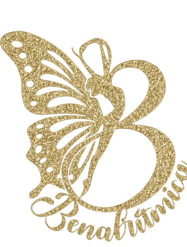 Gold glitter butterfly gymnast silhouette forming the letter B for Benarítmica logo on black background.