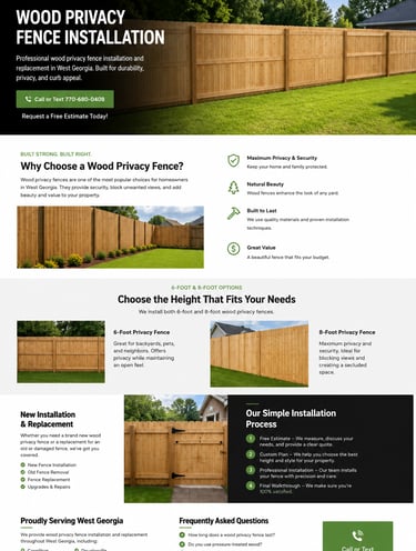 Wood privacy fence installation services in West Georgia showing 6-foot and 8-foot cedar fencing options.
