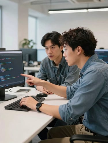A professional team collaborating over blueprints and laptops in a modern office.