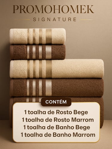 Kit com quatro toalhas nas cores bege e marrom empilhadas, com detalhes listrados e textura macia.”