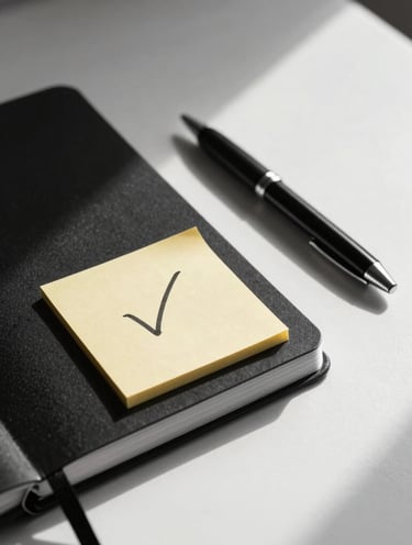 A clean minimalist desk with a black notebook, a sleek pen, and a single yellow post-it note with a hand-drawn checkmark, sharp natural light, high-contrast monochrome.