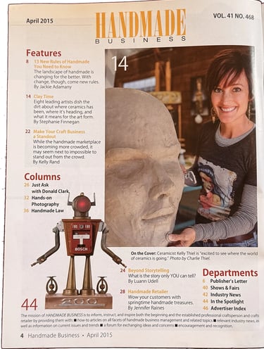 Table of contents for April 2015 magazine issue of Handmade Business.