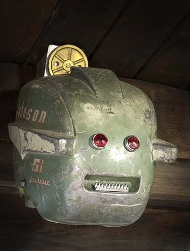 Assemblage robot head named Johnson built by artist Tal Avitzur.