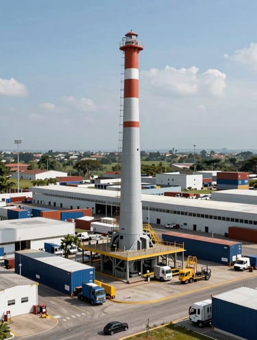 Real Colombian industrial environment, a logistics hub in Santander with natural lighting, clean and professional framing, showcasing scale.