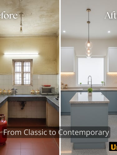 Before and after modern kitchen remodel featuring blue cabinets and white countertops.