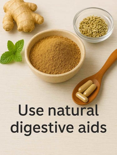 Natural digestive aids with ginger, fennel, mint and herbal supplement capsules