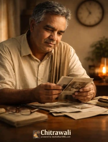 Indian man viewing old photographs and documents, blurred clock in background, calm introspective mood, warm neutral tones.