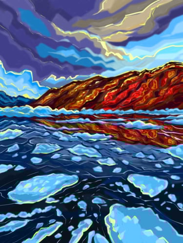 landscape art or painting with ice caped mountain and frozen river made using photoshop