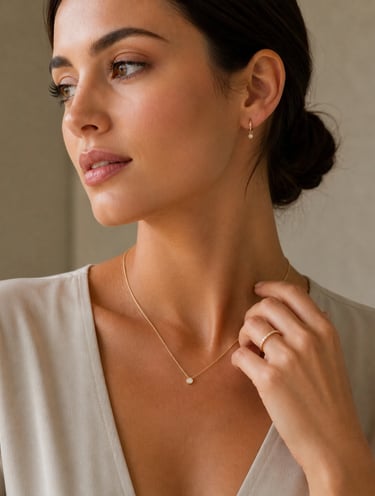 A woman wearing a gold diamond pendant necklace, matching hoop earrings, and a thin gold ring.
