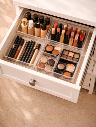 Open makeup drawer with clear modular LuGei organizers sorting foundations, lipsticks, eyeliners and