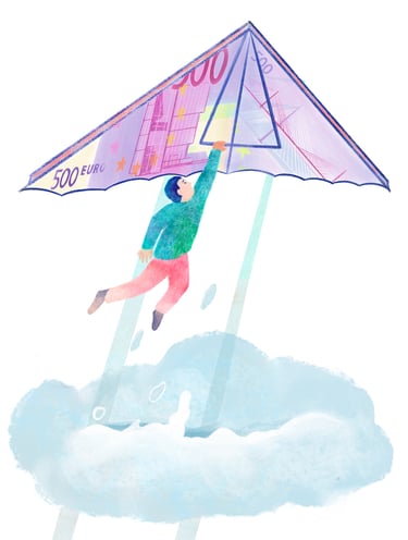 illustration représentant un personnage accroché à un deltaplane et propulsé à travers un nuage