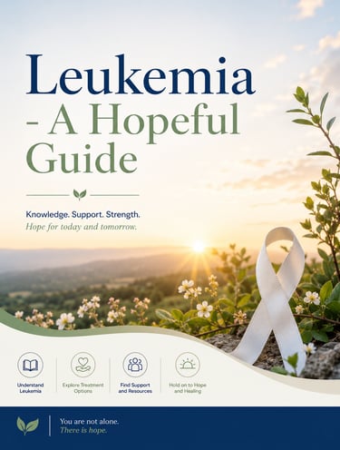 Leukemia awareness guide featuring an orange awareness ribbon over a sunrise mountain landscape with treatment resources.