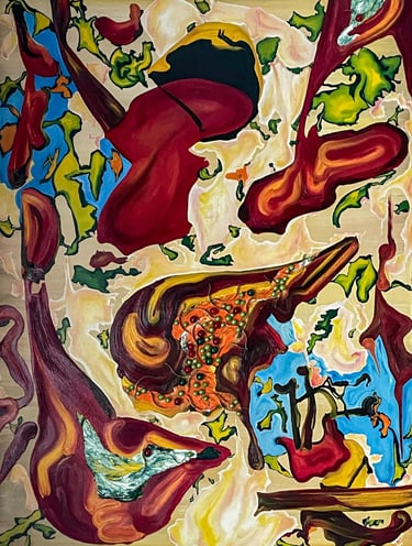 Abstract surrealist oil painting featuring organic red and green shapes on a textured beige and blue background.