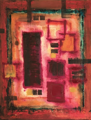 Modern abstract canvas painting featuring textured geometric squares in vibrant red, orange, and black tones.