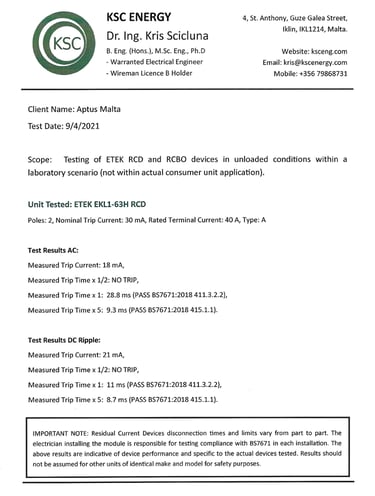 KSC engineer testing of ETEK RCBOs