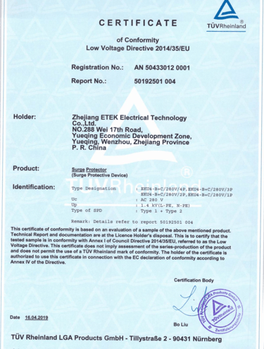TUV certificate for ETEK SPDs