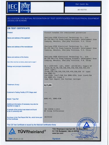 TUV certificate ETEK MCBs
