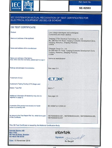 Intertek Certificate for ETEK device