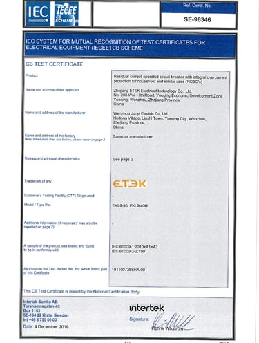 Intertek certificate for ETEK device