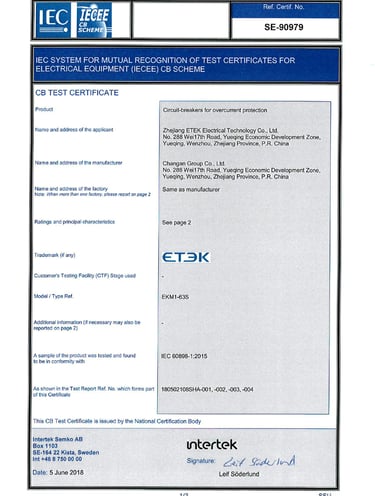 Intertek certificate for ETEK Main Switch