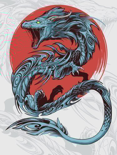 a blue chinese dragon with a red sun in the background